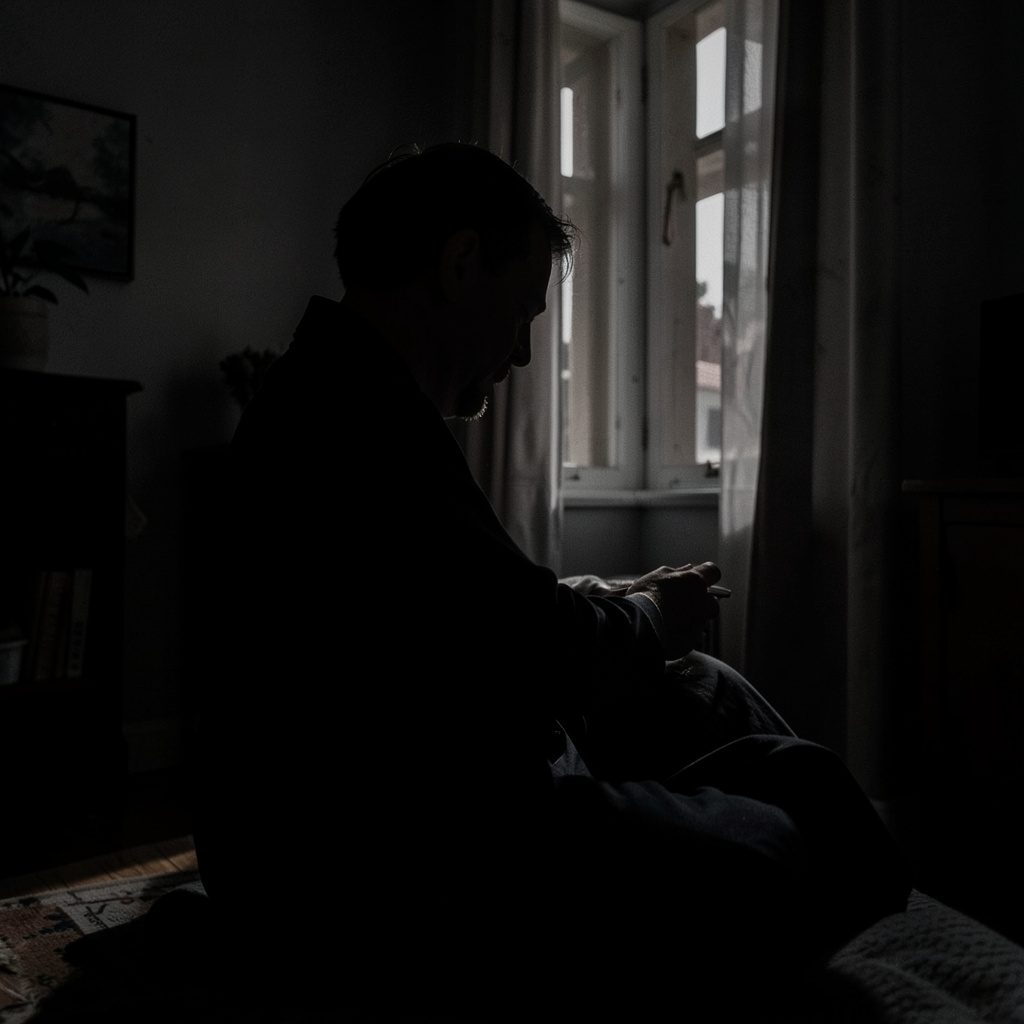 dark, moody flat-lay of a journal and cup beside a window in deep shadow, evoking a quiet daily prayer habit